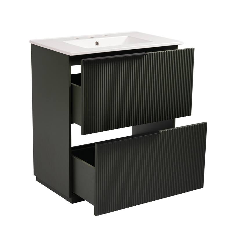 30" Bathroom Vanity with Ceramic Sink and Full-Extension Drawers, Soft Close Undermount Drawer Slides, Fluted Design, Natural