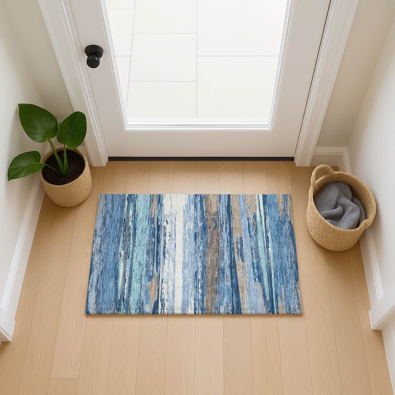 Machine Washable Indoor/ Outdoor Abstract Stripes Chantille Rug