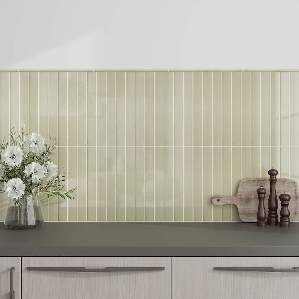Apollo tile 2" x 16" Horizonte Glossy Soft Olive Ceramic Tile (10.76 sq ft/case) - 50 Pack