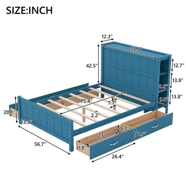 Full Size Platform Bed with Drawers and Storage Headboard, Wood Bed Frame with Wooden Slat Support, No Box Spring Needed, Blue