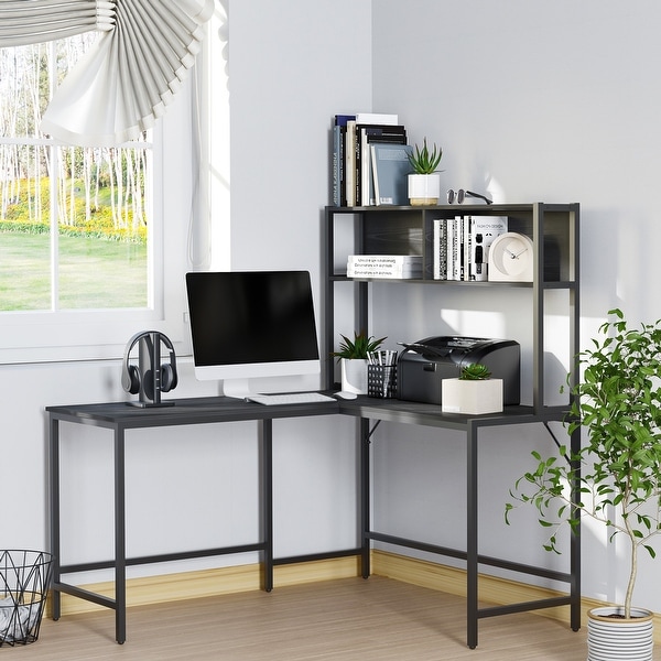 HOMCOM 55 Inch Home Office L Shaped Computer Desk with Hutch and