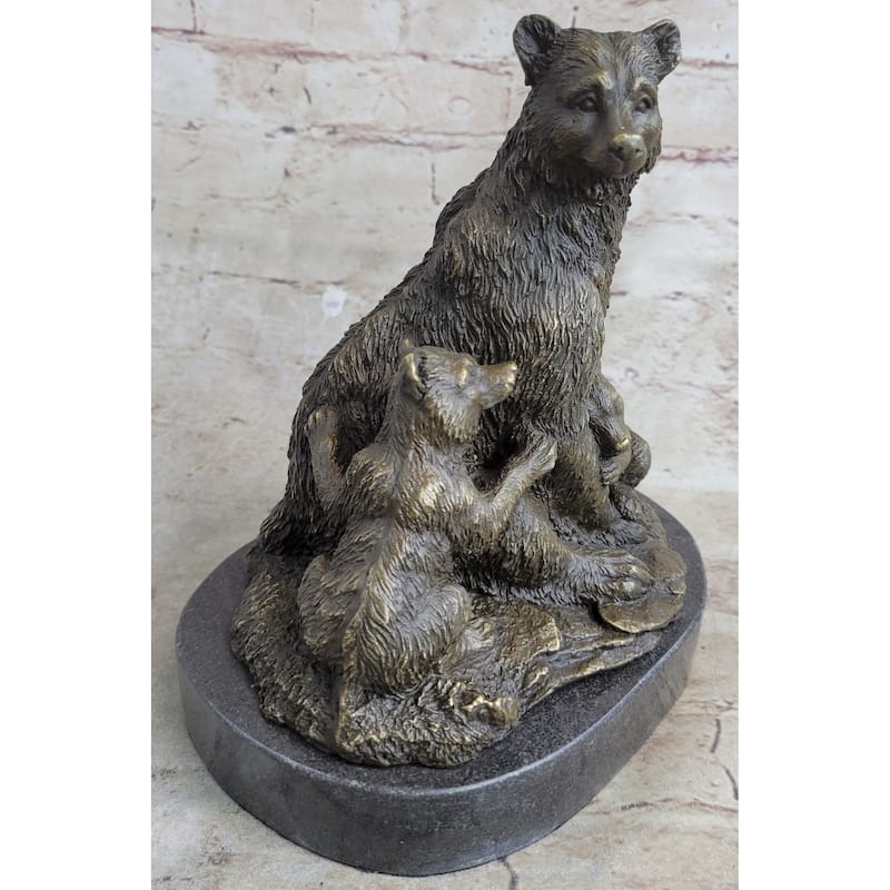 Signed Original Grizzly Bear With Her Two Cubs Bronze Sculpture Statue Figurine