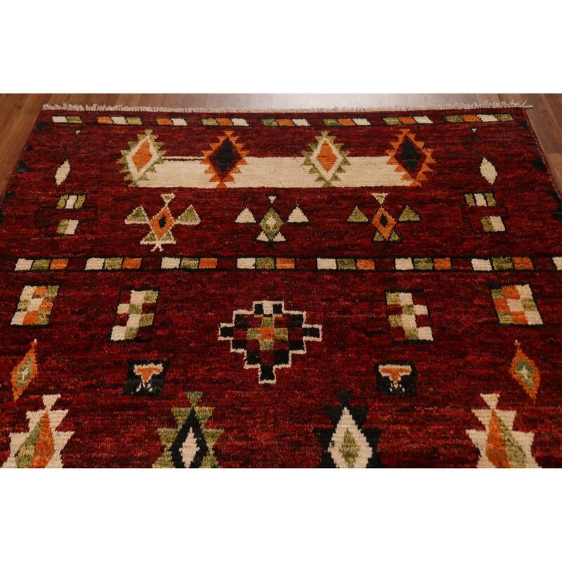 Hand Knotted Oriental 100% Wool Carpet Modern Tribal Red Moroccan Area Rug - 7' 9'' X 5' 8''