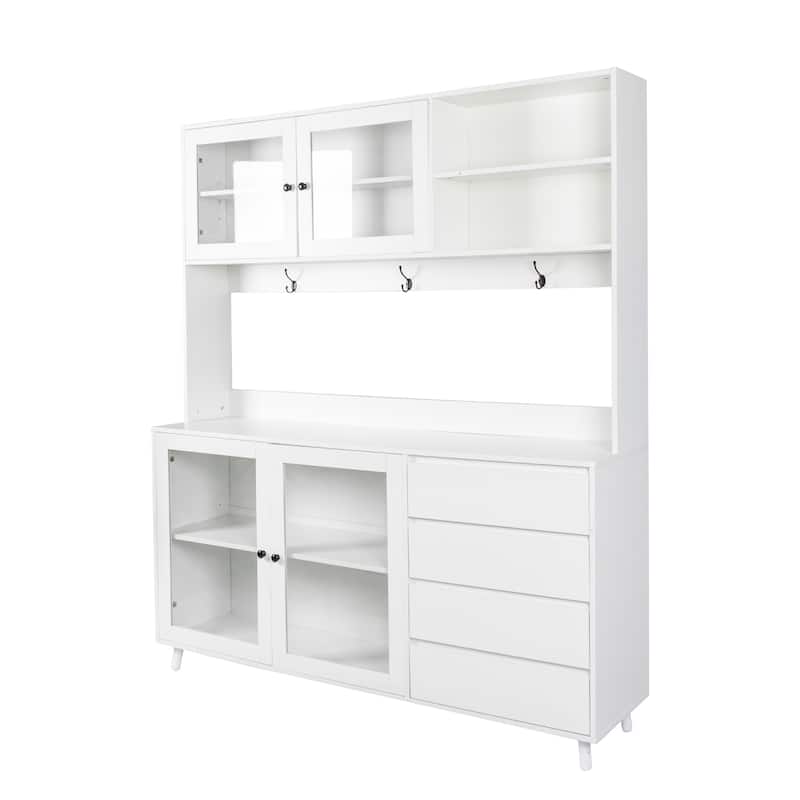 Kitchen Hutch Cabinet with Drawers and Glass Doors, Pantry Cabinets with Shelves, Storage Buffet with Microwave Shelf