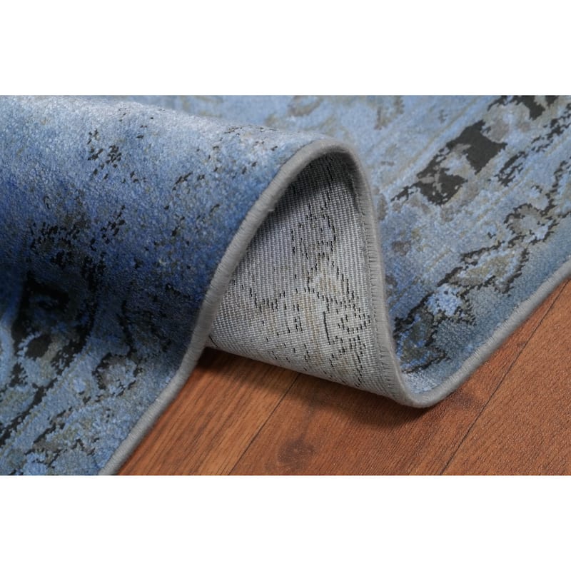 Machine Made Oriental Polyester Carpet Traditional Medallion Navy Blue & Blues Tabriz Area Rug - 7' 5'' X 5' 2''