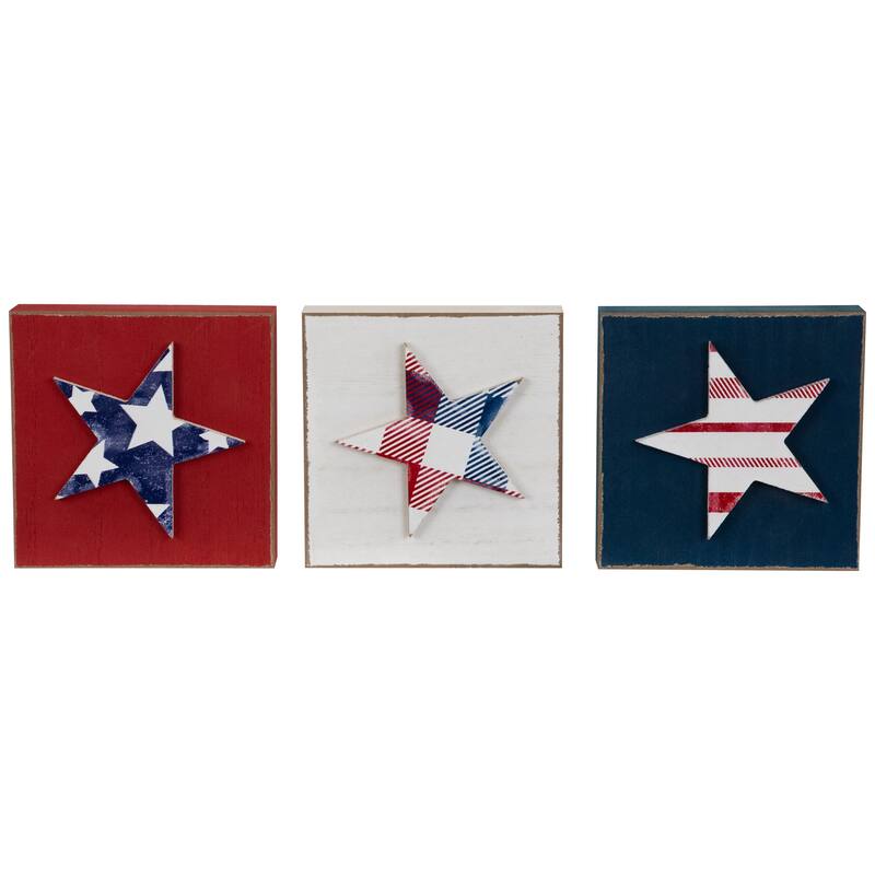 Set of 3 Stars and Stripes Americana Wooden Plaques 4.25" - Red White and Blue
