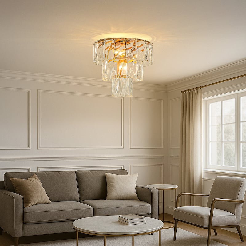 18'' 4-Light Mid-Century Modern Glam Antique Gold Crystal Tiered Flush Mount Luxury Ceiling light For Foyer and Entryway - W18''