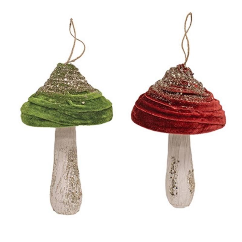 Green-Red Woodland Velvet Mushroom Ornament with Glitter & Jute Hanger, 2 Asstd. - 5 x 5 x 8 in. - Green/Red