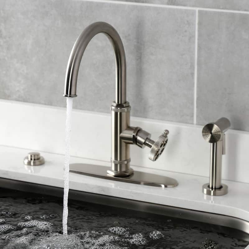 Kingston Brass Webb Single-Handle 1-Hole Deck Mount Kitchen Faucet with Knurled Handle and Brass Side Sprayer