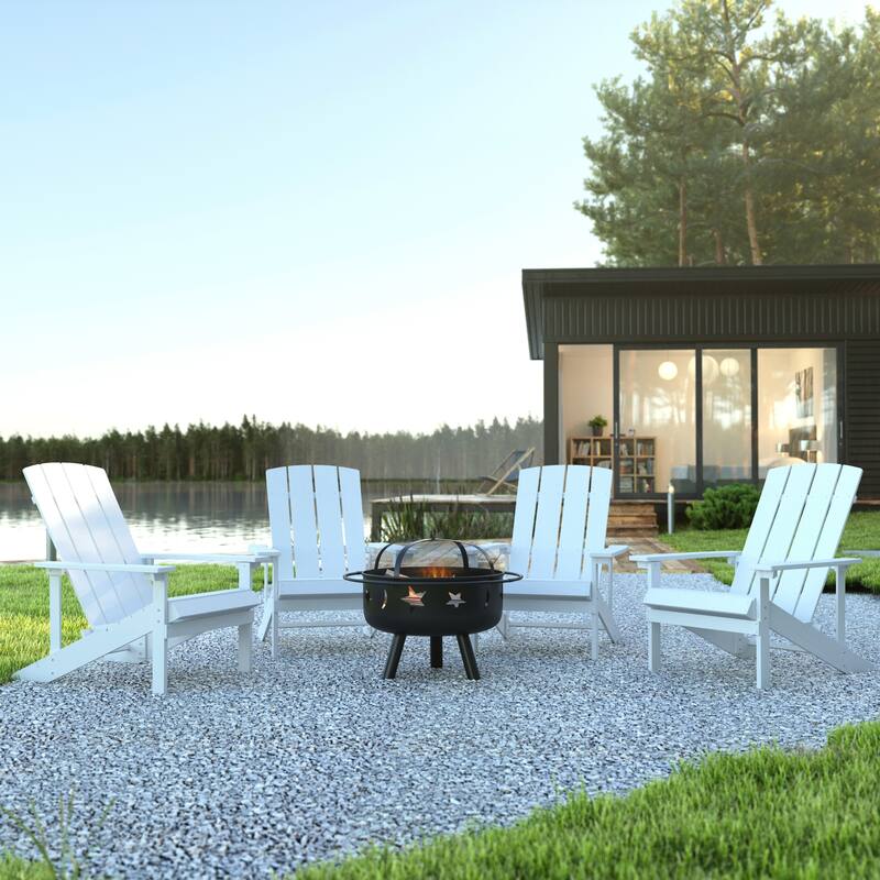 Star and Moon Fire Pit with Mesh Cover & 4 Poly Resin Adirondack Chairs - White