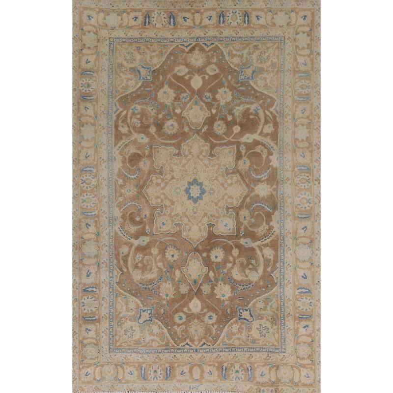 Hand Knotted Oriental 100% Wool Carpet Traditional Floral Brown Mashad Area Rug - 9' 0'' X 6' 0''