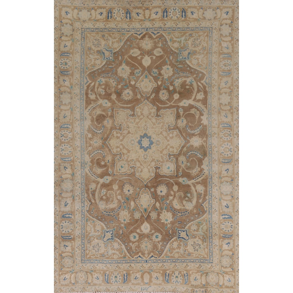 Hand Knotted Oriental 100% Wool Carpet Traditional Floral Brown Mashad Area Rug - 9' 0'' X 6' 0''