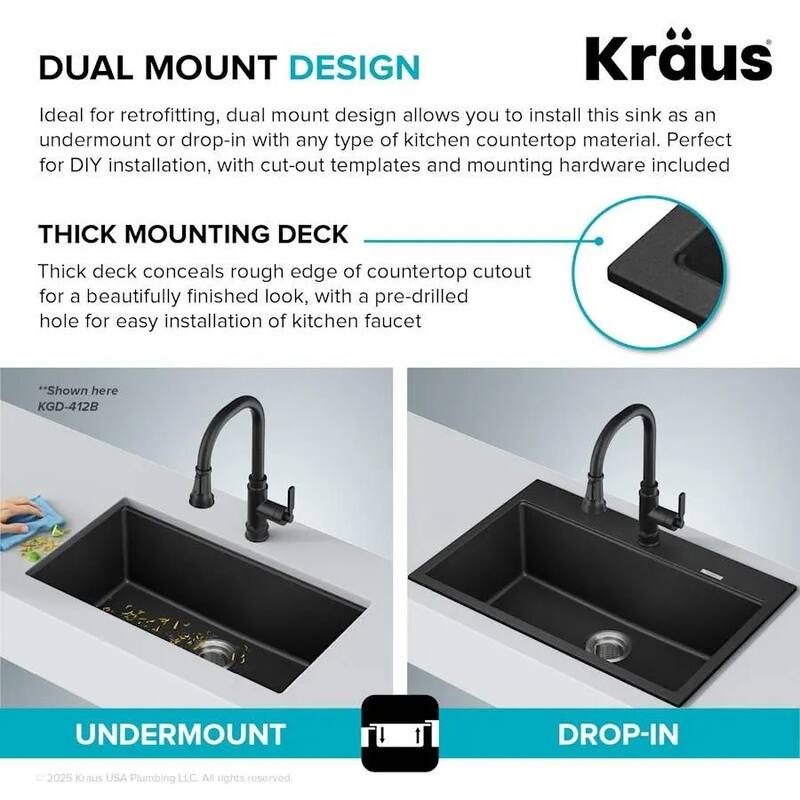 Kraus 30-3/4" Single Basin Dual Mount (Drop In or Undermount) Granite