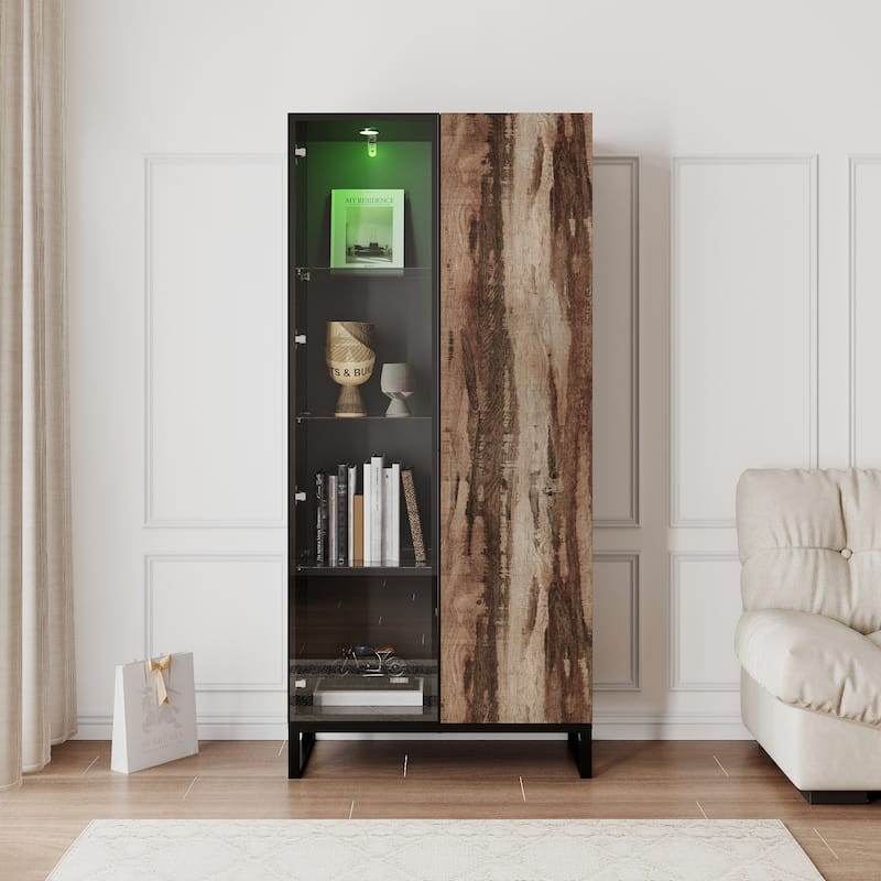 Glass Display Cabinet with LED Spotlight and Wood Grain Door Tall Aluminum Frame Curio Cabinet