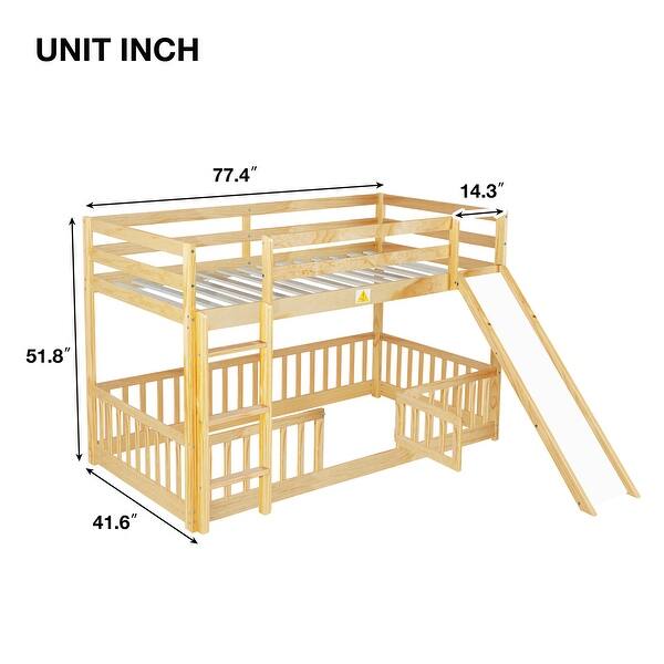 dimension image slide 1 of 3, Twin Over Twin Floor Bunk Bed with Slide and Convertible 3-Way Design Safety Door & Guardrails (250lb Capacity)