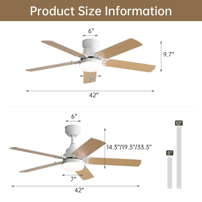42“/52"/60"/48" Noiseless Walnut Wood Ceiling Fan with Remote Control, Integrated Light Optional