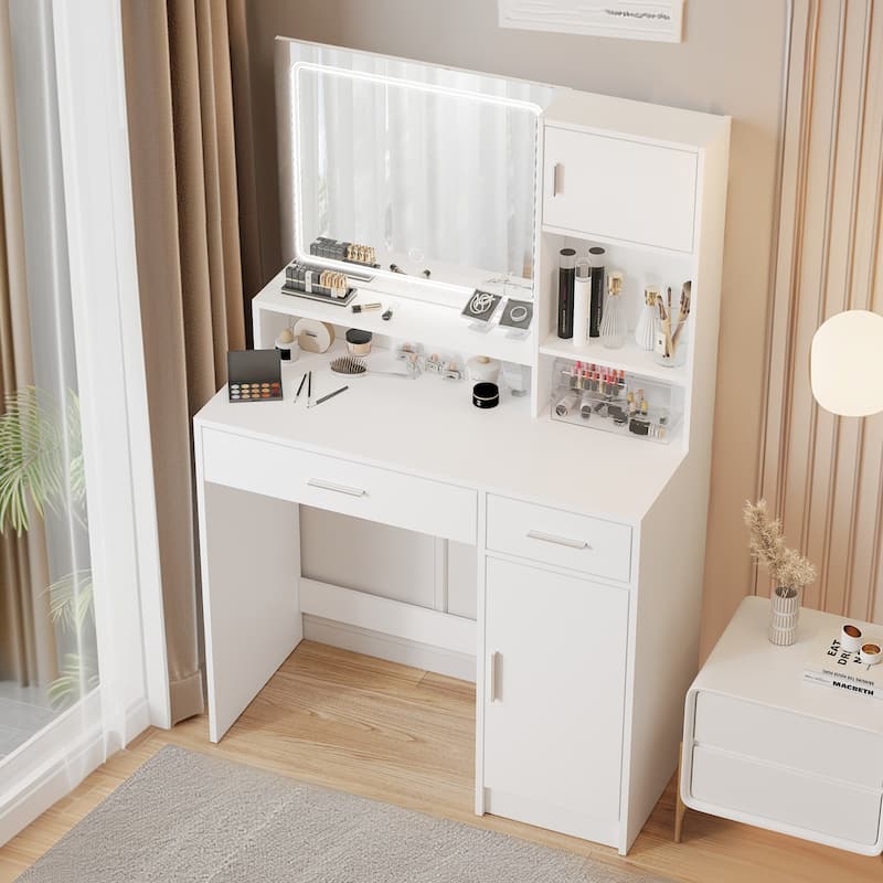 Modern Vanity Desk with Mirror, LED Light Strip and Storage