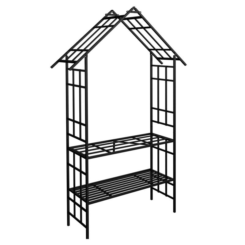 Anmytek Black Metal Garden Arch with Bench and Flower Stand for Climbing Plants Rose Arbor