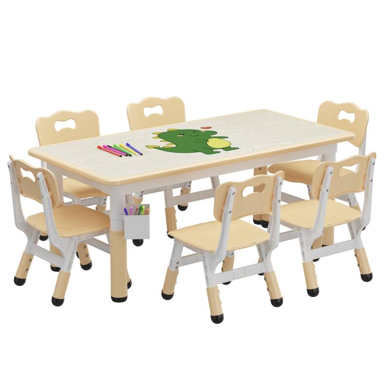 Kids Table and 6 Chairs Set with Storage Box,Height Adjustable - Natural