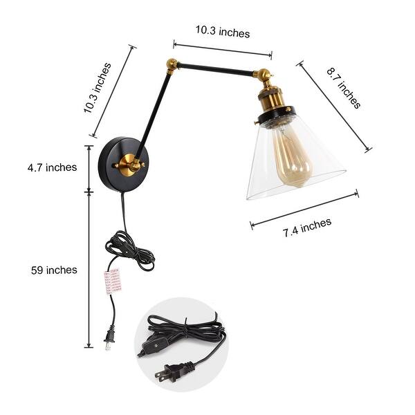 dimension image slide 1 of 2, Modern Industrial 1-Light Swing Arm Sconces Clear Glass Wall Light for Bedroom Living Room