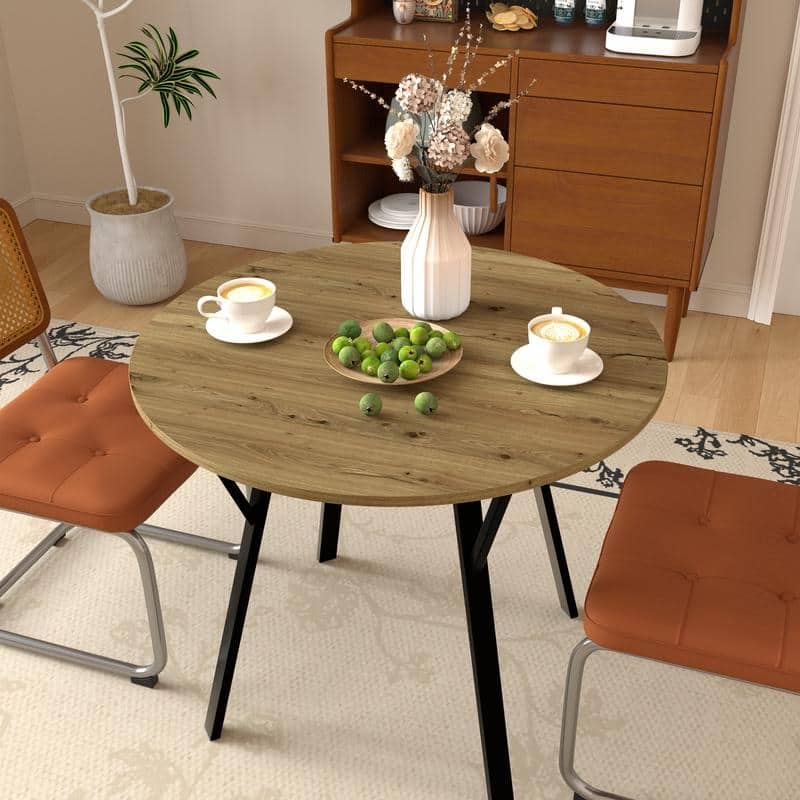 35.43 Inch Round Dining Table with Black Metal Legs, Brown Industrial Kitchen Table(only table)