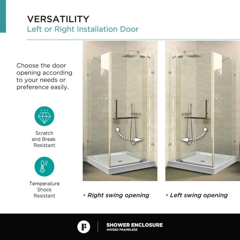 Fine Fixtures Frameless Shower Enclosure Hinged Glass Shower Door - Tempered Glass