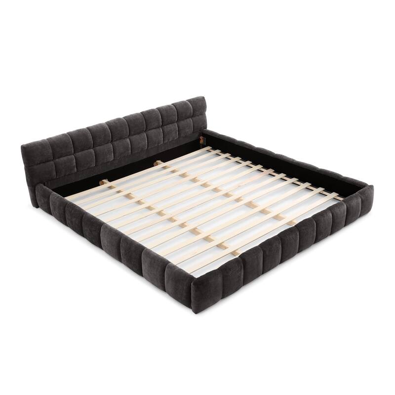 California King Upholstered Platform Bed with Headboard, Dark Gray, Modern Design, No Box Spring Needed