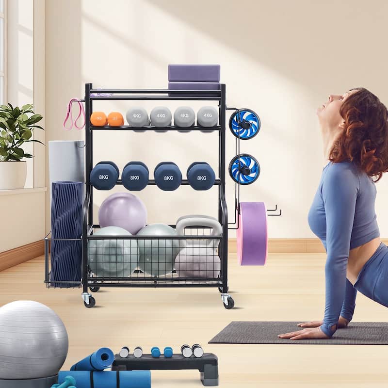 Black Steel Gym Rack with Wheels, Hooks and 4-Tier Storage Shelf - 40.6” L x 16” W x 38” H