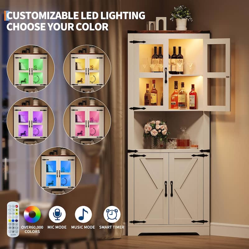 67" Tall Corner Storage Cabinet with Lights, Farmhouse Corner Hutch Display Cabinet with Glass Doors