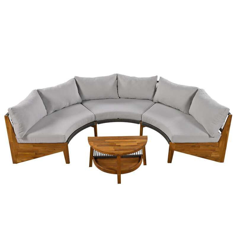 Outdoor Curved Sectional Sofa Set Half Moon Conversation Sofa Set with Acacia Wood Coffee Table and Cushions