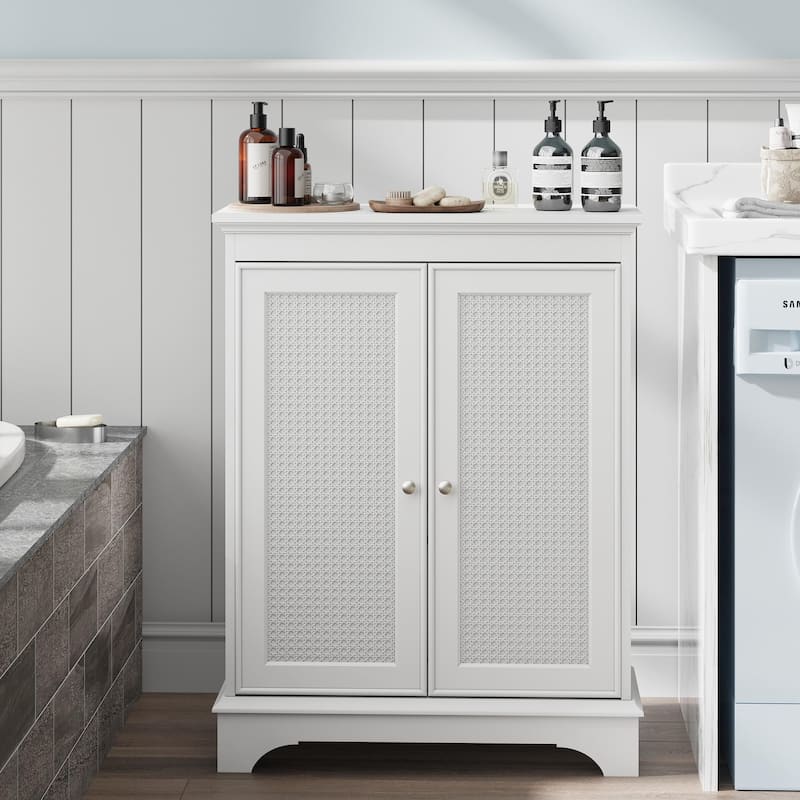Bathroom Floor Storage Cabinet, Multifunctional Decorative Cabinet, Bathroom Cabinet with Rattan Doors & Adjustable Shelf