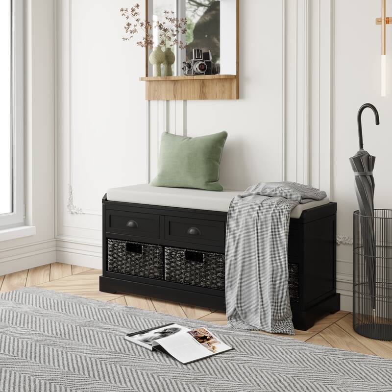 Homes Collection Wood Storage Bench with 3 Drawers and 3 Baskets - Black