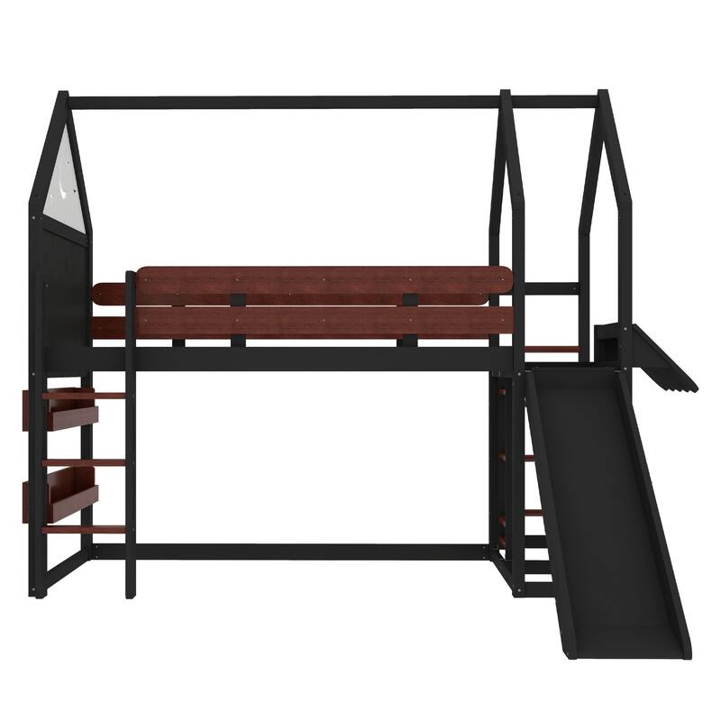 Twin Size Loft Bed with Bookshelf Playful Design for Kids House-Shaped Structure with Slide High-Quality Safety Rails