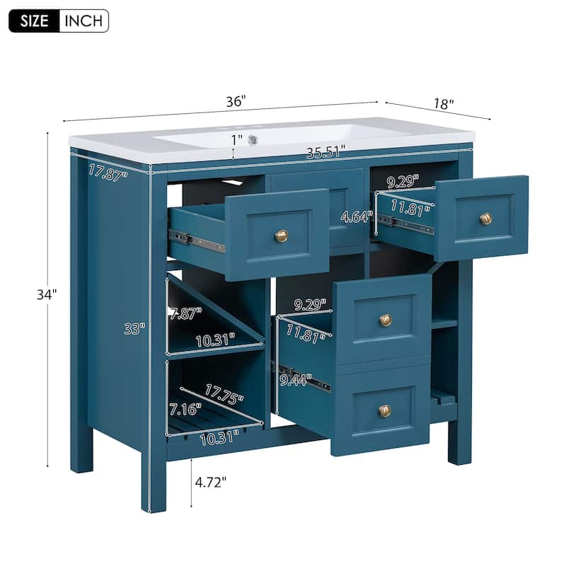 36" Bathroom Vanity with Resin Sink, 5 Drawers, Soft-Closing Doors, and Ample Storage - Freestanding Cabinet in Blue