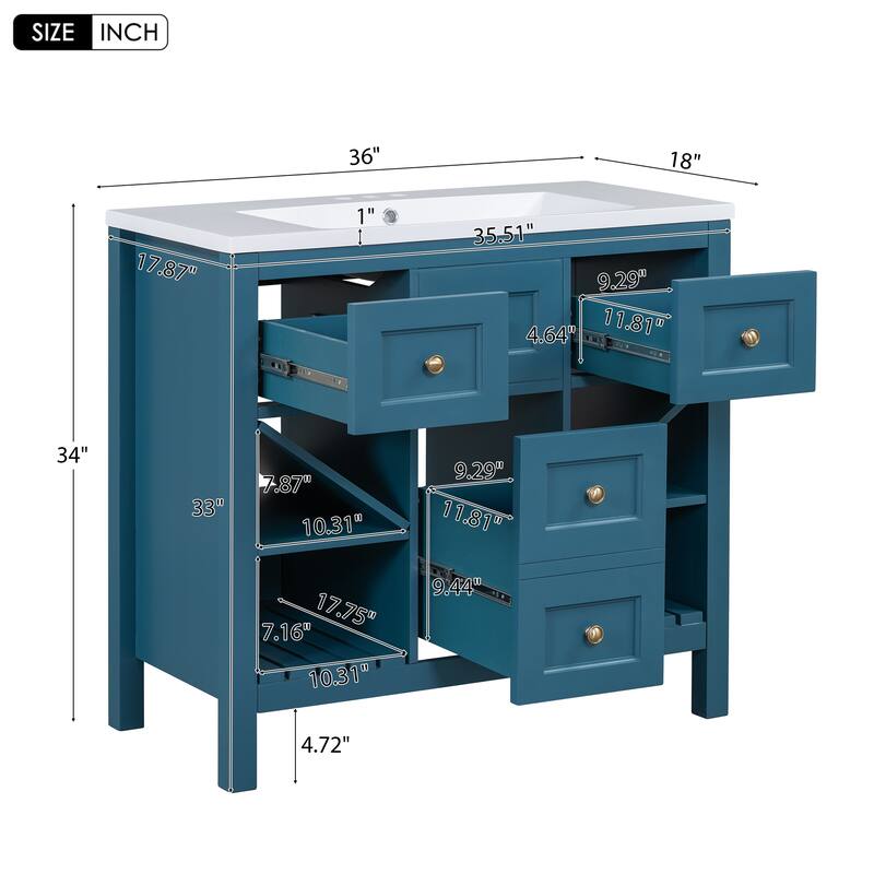 Modern 36" Bathroom Vanity with Resin Sink, 5 Drawers, Soft-Close Doors, Solid Wood Frame for Bathroom Storage