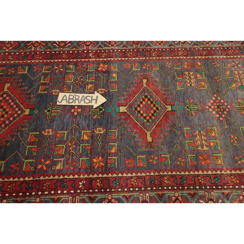 Hand Knotted Oriental 100% Wool Carpet Traditional Geometric Navy Blue & Blues Heriz Runner Rug - 10' 6'' X 3' 8''