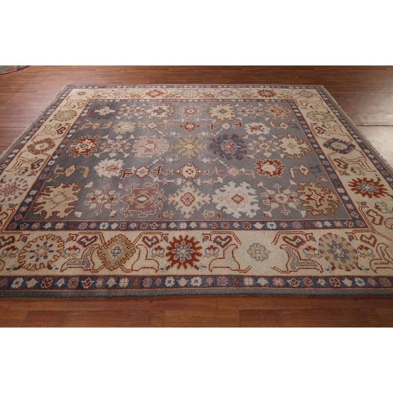All-Over Gray Geometric Oushak Indian Rug Hand-Knotted Wool Carpet - 8'0"x 10'0"