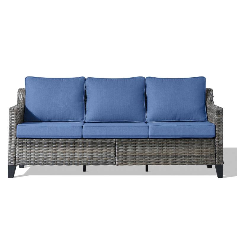 Meyreso Gray Wicker 3-Seat Patio Sofa with 4-Inch Thick Cushions