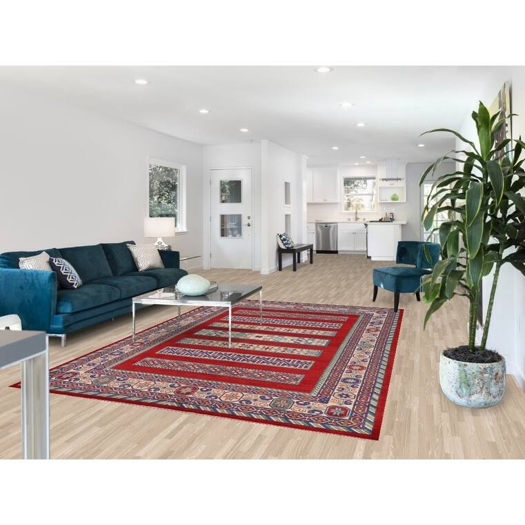 Red Geometric Kazak Oriental Area Rug Handmade Wool Carpet - 6'6" x 9'7"