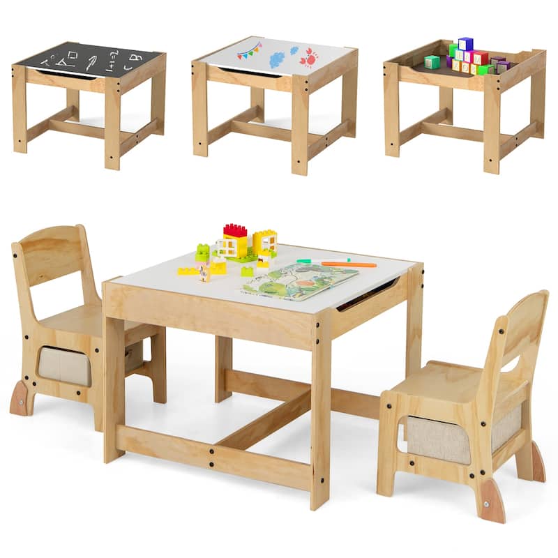 Gymax 3-In-1 Kids Table & Chairs Set w/Reversible - Natural