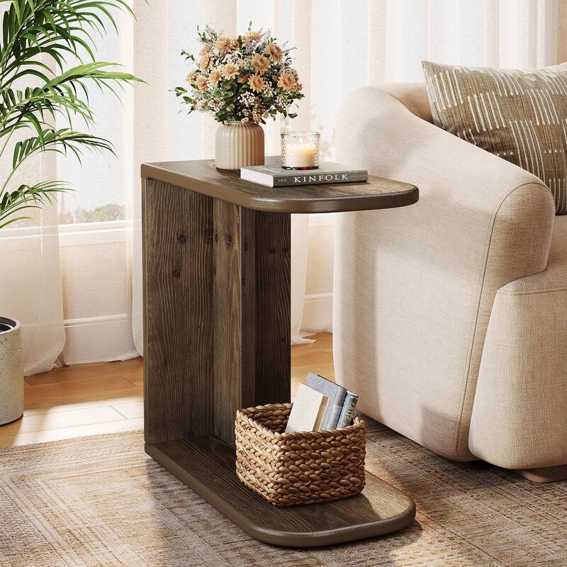 C-Shaped End Table, Small Solid Wood C Table for Sofa