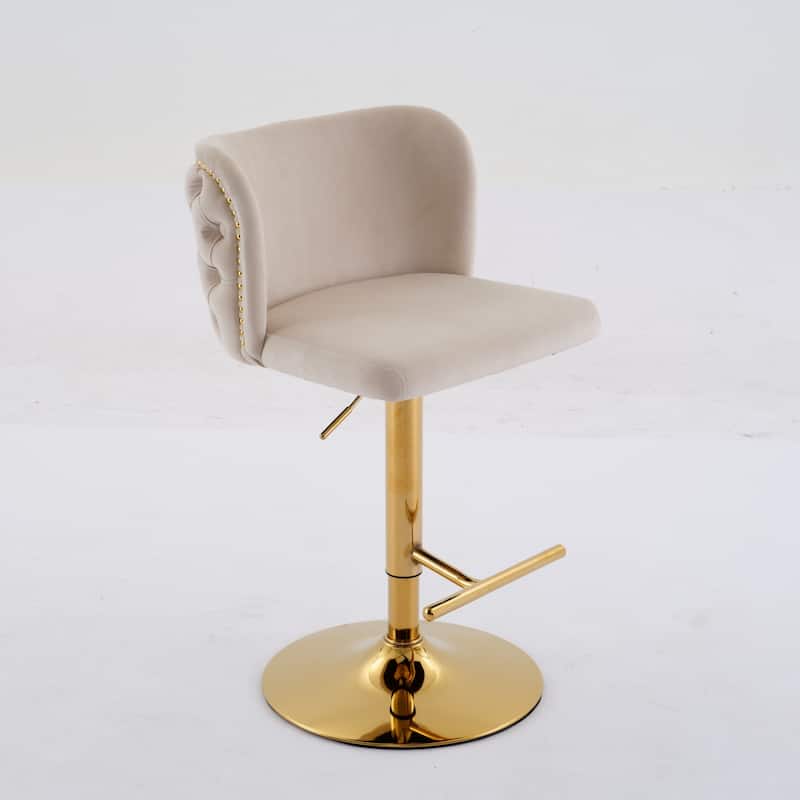 Swivel Barstools Adjusatble Seat Height With Gold-plating Base, Upholstered Bar Stools with the whole Back Tufted, Set of 2