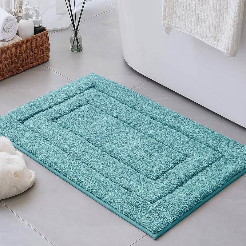 Blue 2 Piece Bordered Box Plush Soft Cozy 100% Polyester Bath Mat Set