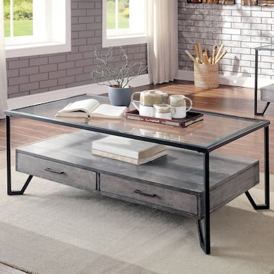 Korz Industrial Grey 48-inch Glass Top 1-Shelf Coffee Table by Furniture of America
