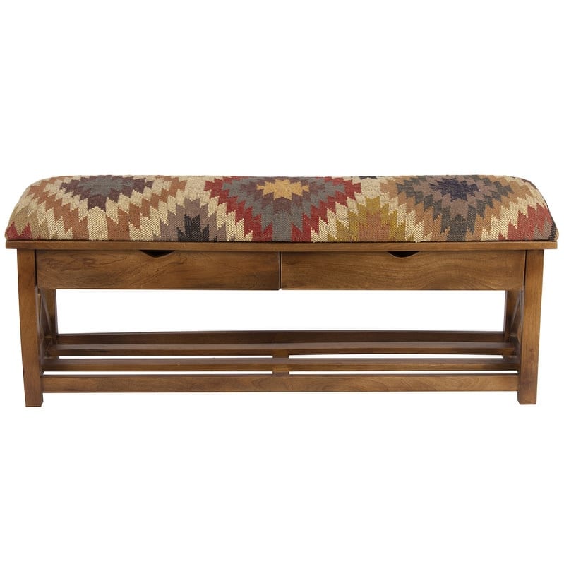 Handmade Kilim Upholstered Storage Bench (India) - 47" L x 10" W x 16" H