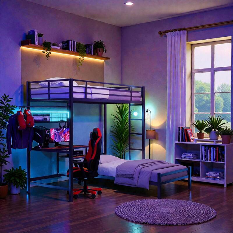 Twin Over Twin Metal Bunk Bed with L-Shaped Desk, Storage Shelves and Drawers, Loft Bunk Bed with Guardrail