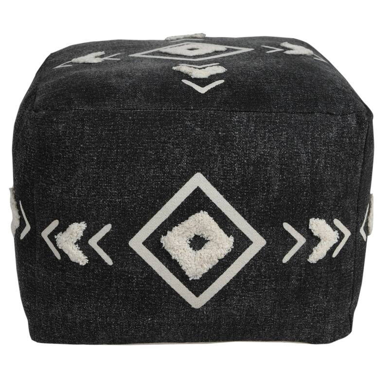 18" Black and White Diamond Medallion Square Pouf Ottoman