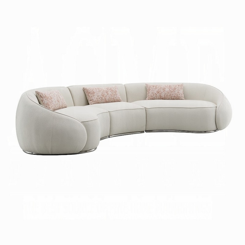 Sarah Sectional Sofa, 3 Pillows, Beige Boucle Fabric, Curved Shape