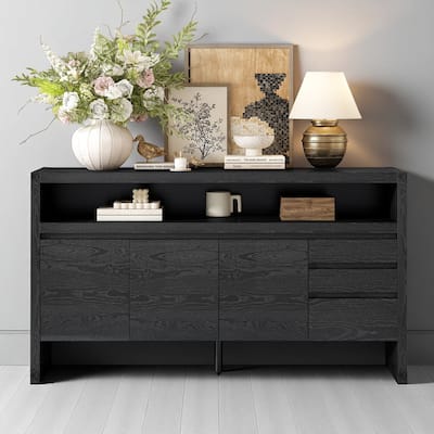 60" Modern Sideboard with 3 Drawers and 3 Doors, Ash Veneer Storage Cabinet with Semi-Open Shelf and Cable Cutout