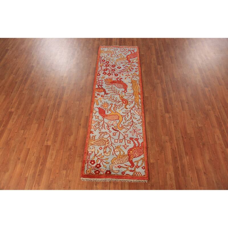 Animals Design Blue Ziegler Indian Runner Rug Hand-Knotted Wool Carpet - 2'6"x 7'11"
